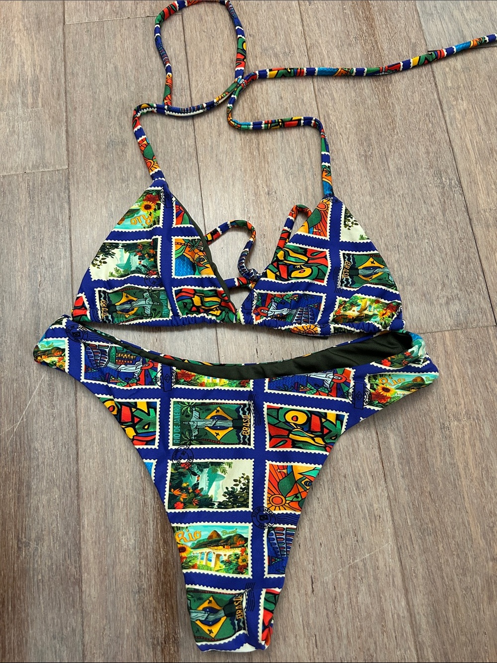 Colorful Patchwork Triangle Bikini Set - Blue Multi